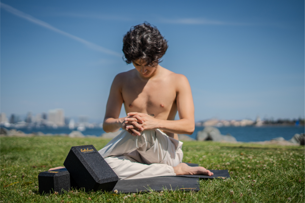 California-made yoga mat - eco-friendly non-slip mat. California recycled tire yoga blocks. Sustainable eco-friendly. 